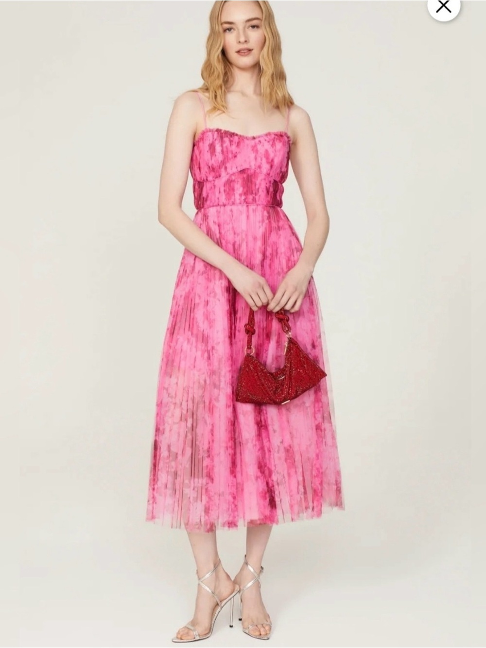ML Monique Lhuillier Pink Strapless Pleated Tulle Midi Dress